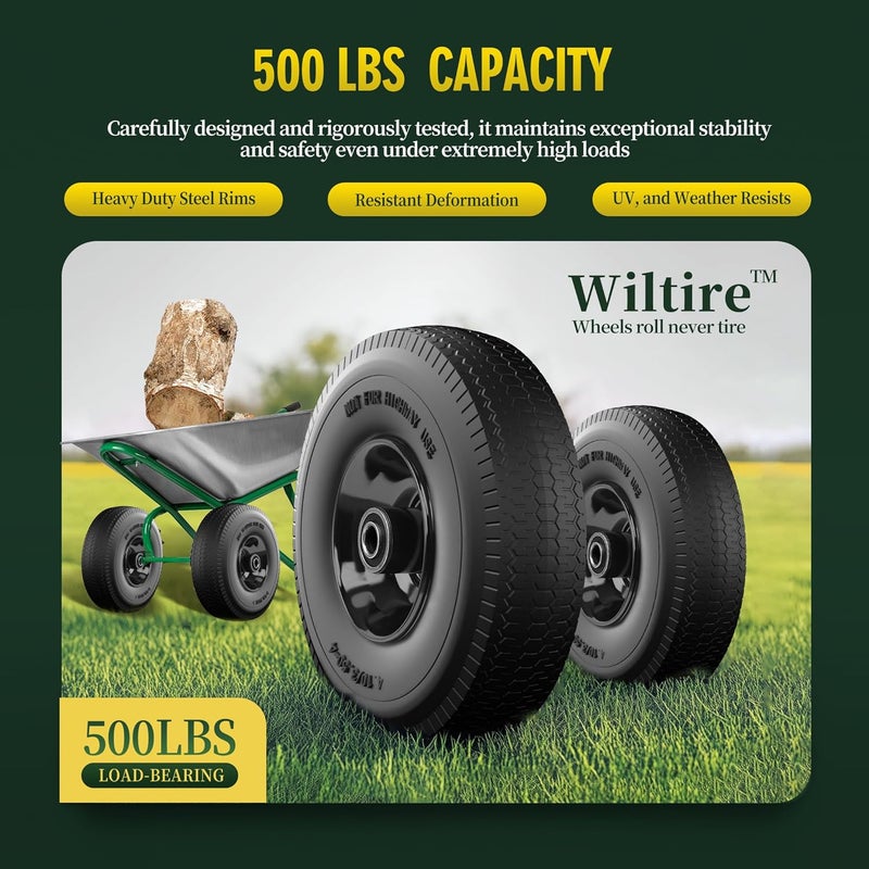 Wiltire (2 Pack) 4.10/3.50-4 Flat Free Tire and Wheel 10-Inch Solid Wheel Replacement with 5/8 Extra 3/4 &1/2 Bearings,2.2" Offset Hub -Compatible with Hand Truck,Wheelbarrow(Wave,Black) - Image 4